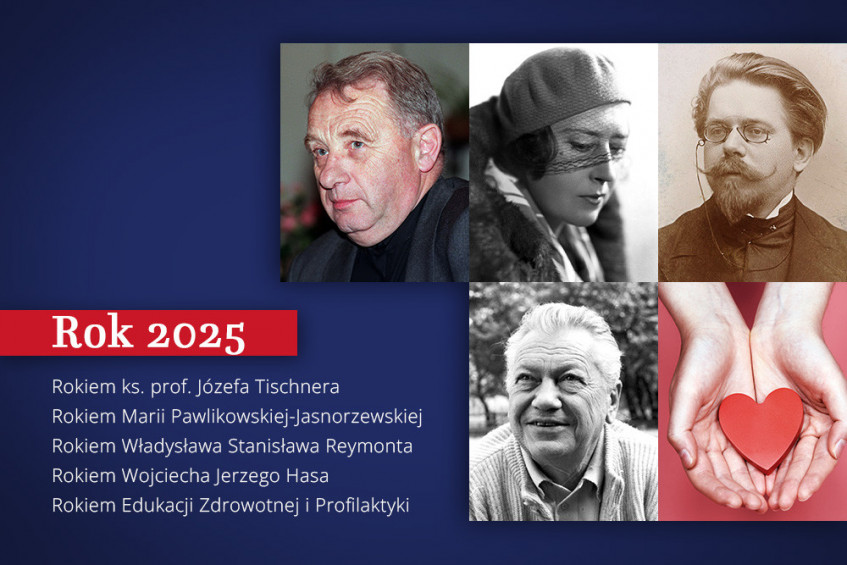 Zdjęcie przedstawia patronów roku 2025: księdza Tischnera, Marię Pawlikowską-Jasnorzewską, Władysława Reymonta, Wojciecha Jerzego Hasa.